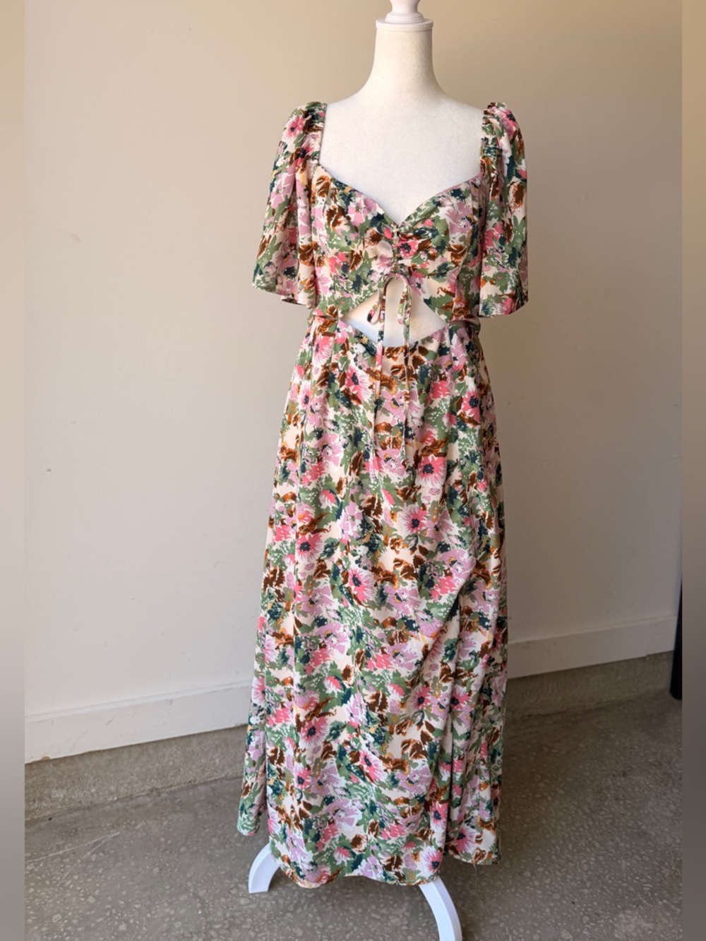 Astr Floral Tie-Front Maxi Dress in Pink, Green and Brown